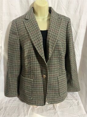 Talbots Green, Cream & Black Shetland Plaid Blazer